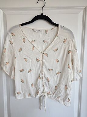 Elodie Cream Watermelon-Print Button Tie Front Crop